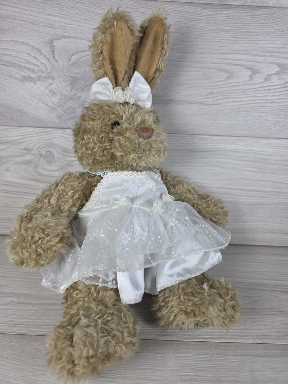 Retired Build-A-Bear Bunny Plush 16” Curly Brown Fur Communion Dress SU3